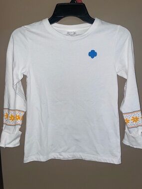Girls' White Long-Sleeve Tee with Yellow Floral Cuffs Girl Scouts Sz S 7/8